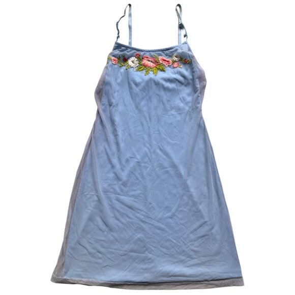 Express Embroidered Floral Slip Dress S Blue Nylon Mesh Overlay Adjustable Strap - Picture 1 of 8